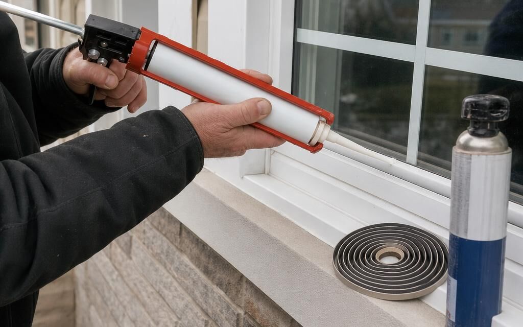 Contractor caulking exterior window trim with weatherstripping and foam sealant nearby