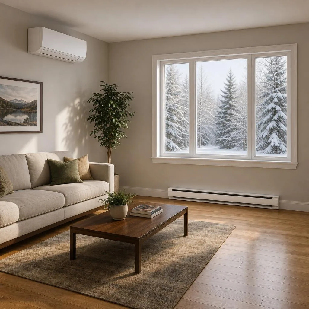 Illustration of a ductless heat pump and electric baseboard heater in a Canadian living room
