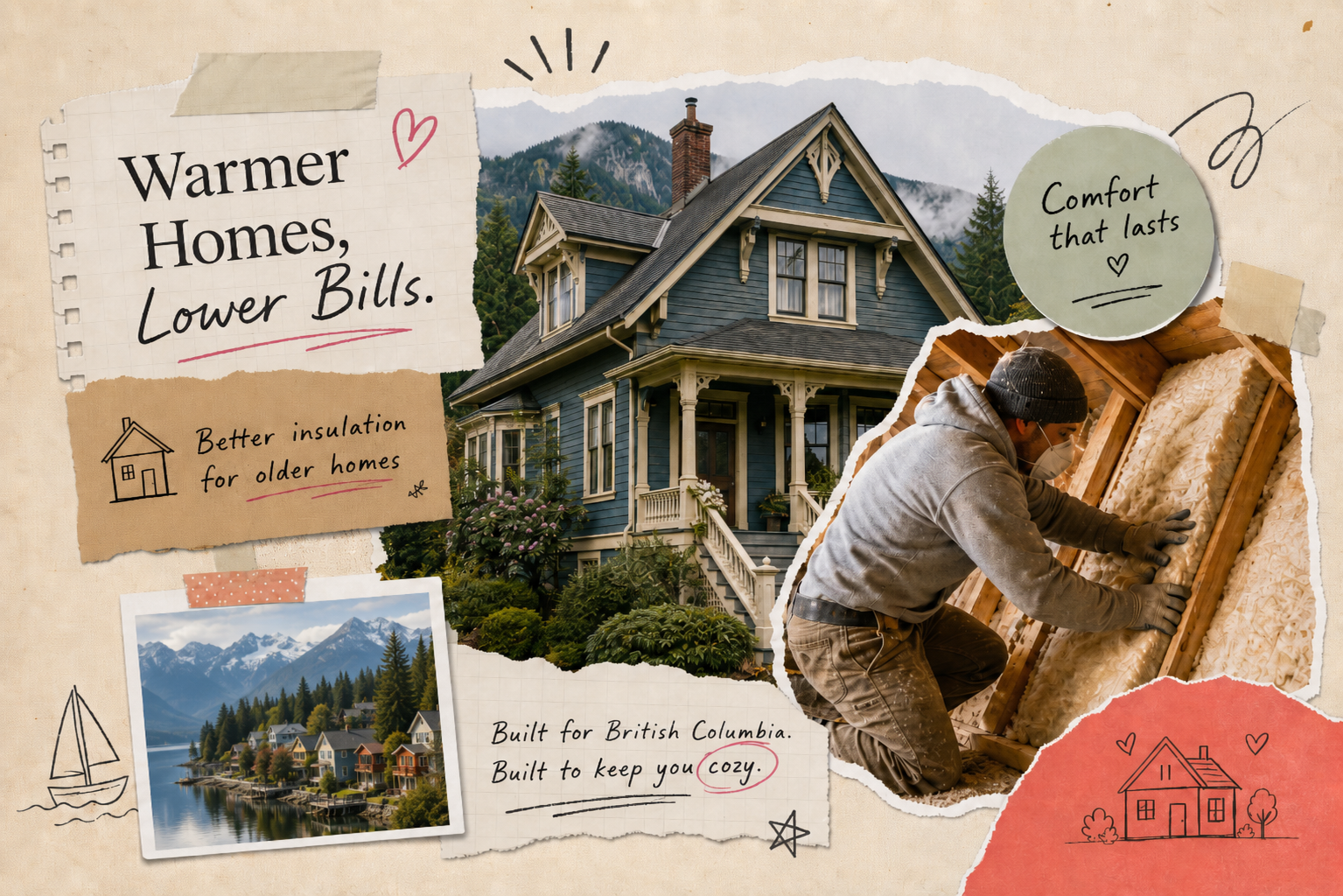 Best insulation for older British Columbia homes in 2026: heritage house in Vancouver with contractor installing insulation