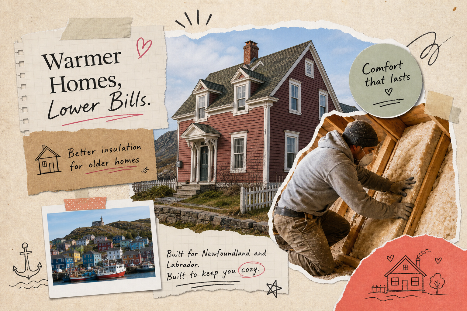 Best insulation for older Newfoundland and Labrador homes in 2026: coastal heritage home and contractor installing insulation