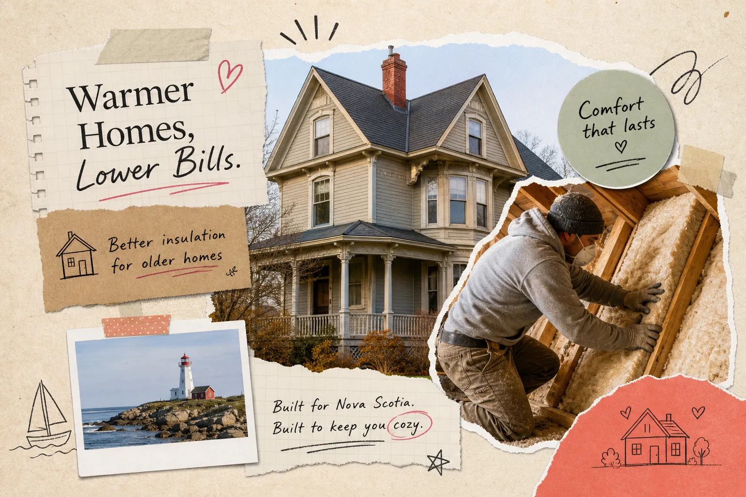 Warmer homes, lower bills: best insulation for older Nova Scotia homes 2026, showing a heritage Victorian home and a contractor installing insulation