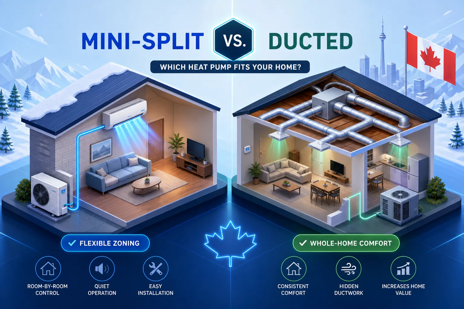 Mini-split vs. ducted heat pump comparison for Canadian homes showing flexible zoning versus whole-home ducted comfort