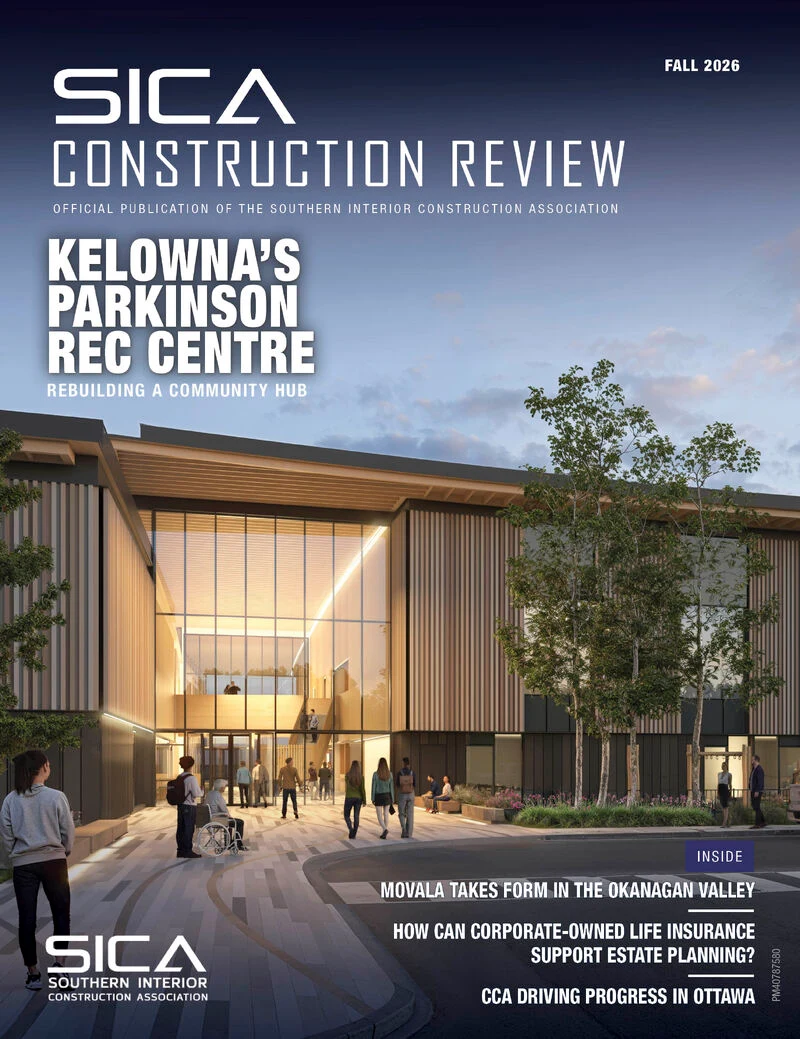 Cover of the Fall 2026 SICA Construction Review featuring Kelowna’s Parkinson Recreation Centre