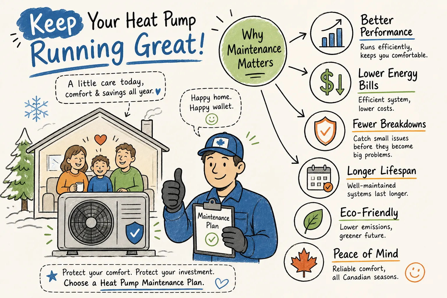 Infographic showing 7 reasons why heat pump maintenance matters in Canada — better performance, lower bills, fewer breakdowns, longer lifespan, eco-friendly, and peace of mind