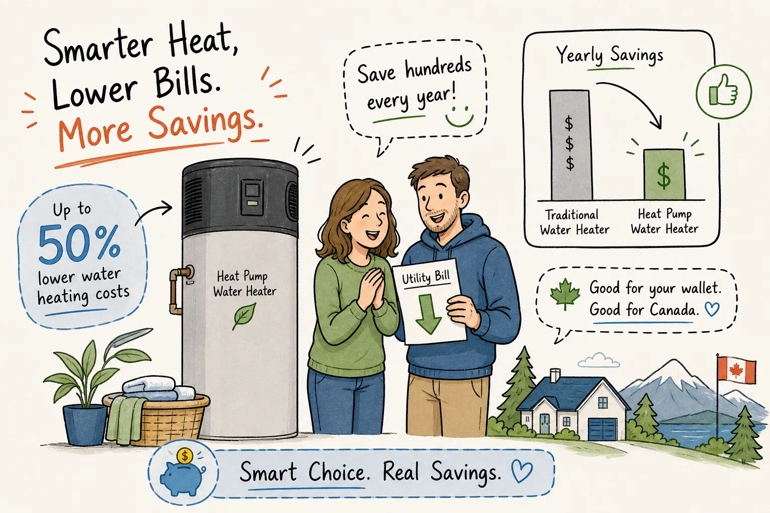 A happy Canadian couple beside a heat pump water heater reviewing lower utility bills - Greenfoot Energy Solutions