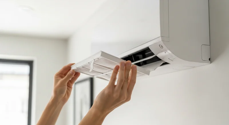 Hands removing the front filter panel of a wall-mounted ductless mini-split heat pump for cleaning